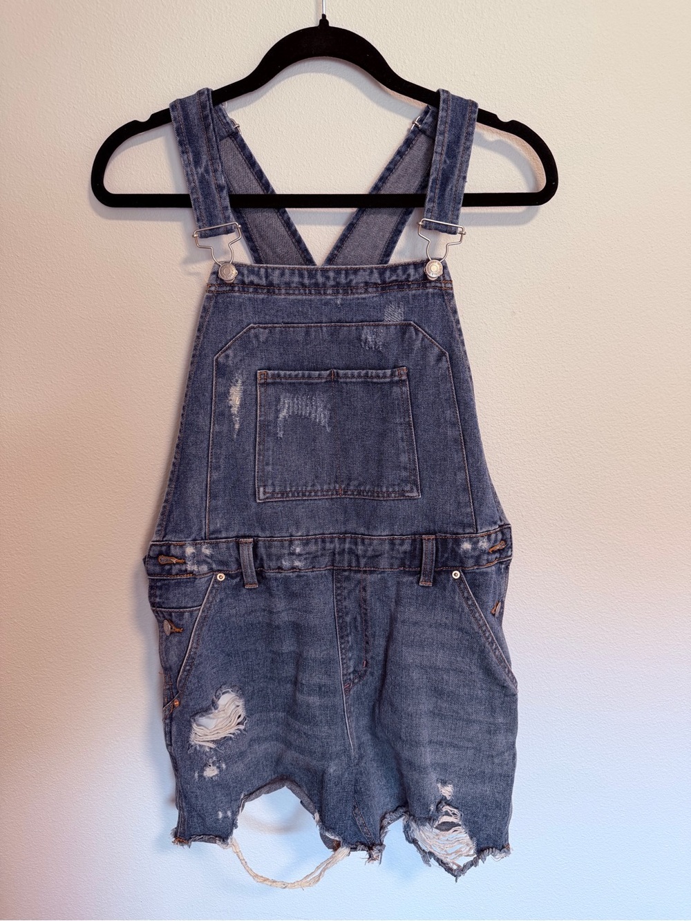 Women’s Distressed Denim Short Overalls